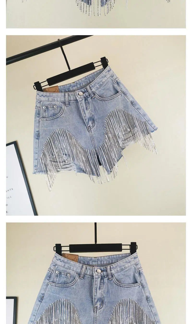 Chain Jeans Women's 2022 Summer New High Waist Slim Sexy Shorts Heavy Beading Ladies Denim Shorts Women Fashion