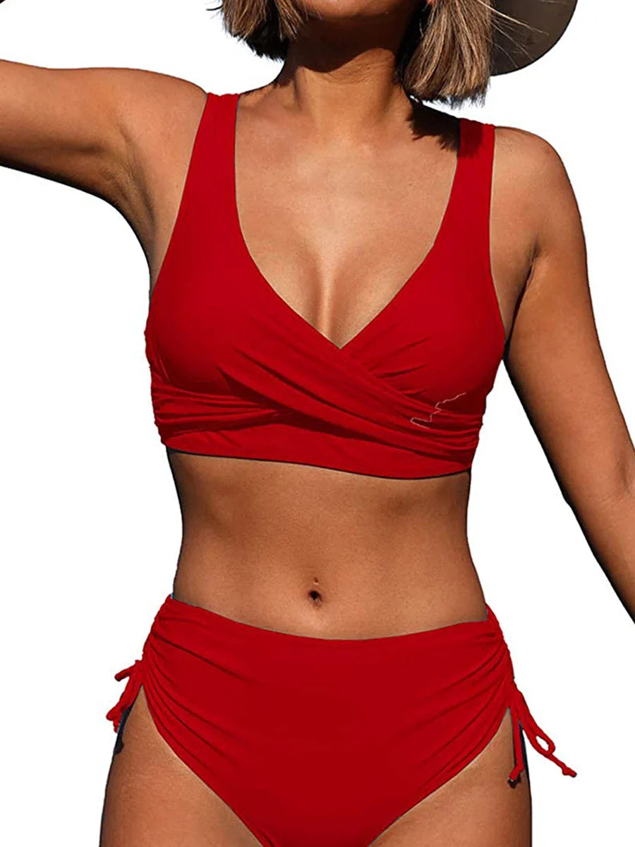 Drawstring High Waist Bikini 2023 Women Solid Swimwear Female Cross Front Swimsuit Padded Beachwear Bather Bathing Swimming Suit