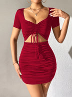 Drawstring Cut Out Dress, Sexy V Neck Ruched Bodycon Party Club Dress, Women's Clothing