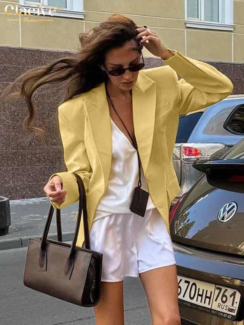 Clacive Winter Loose Yellow Cotton Office Women's Blazer Fashion Lapel Long Sleeve Blazers Elegant Classic Top Female Clothing