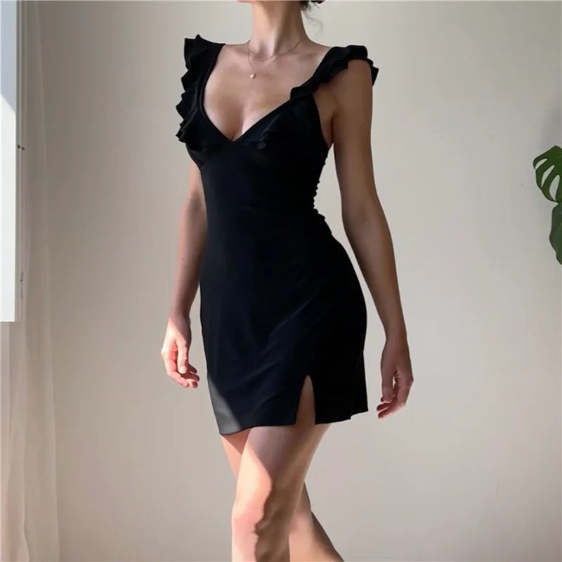 Xeemilo Solid Deep V-neck Sleeveless Dress 2022 Summer Elegant Women Ruffles Split Mini Dresses Sexy Slim Party Clubwear Vestido