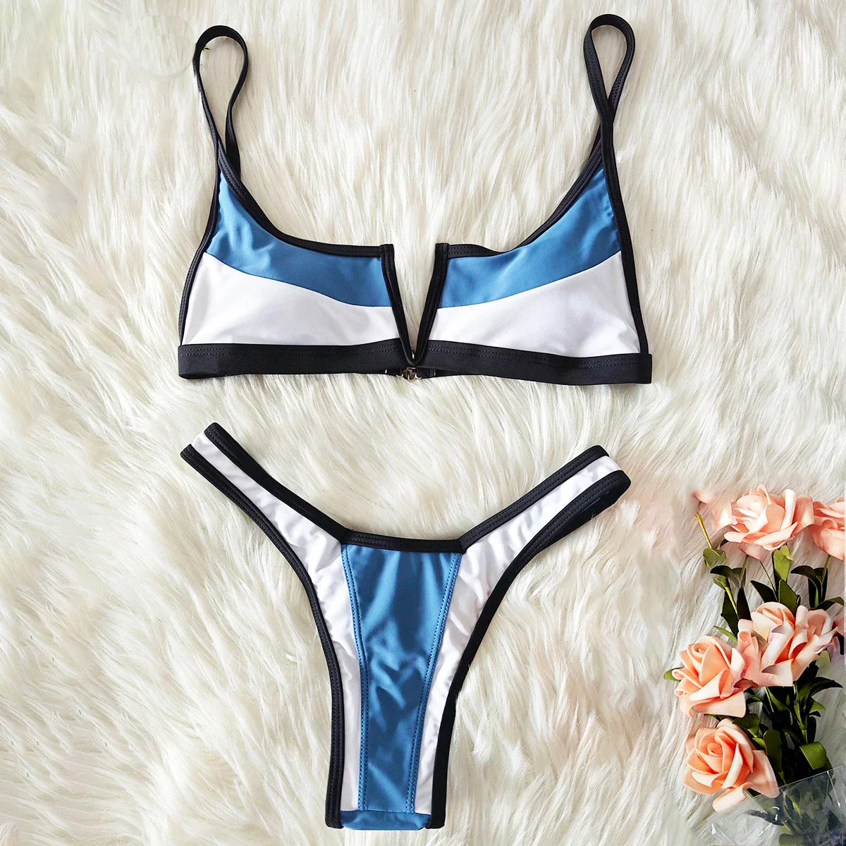 XS-XL V-bar Sexy Bikini Thong Brazilian Swimwear Women Colorblock Vintage Swimsuit Summer Micro Blue Green Bathing Suit Biquini