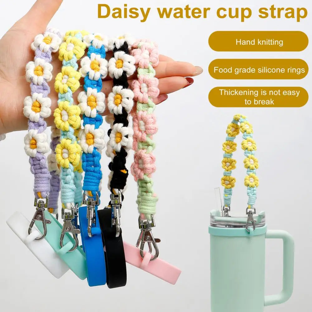 Water Bottle Handle Strap Handmade Flower 16-40oz Tumbler Silicone Safety Ring Cotton Rope Flower Durable Water Bottle Strap