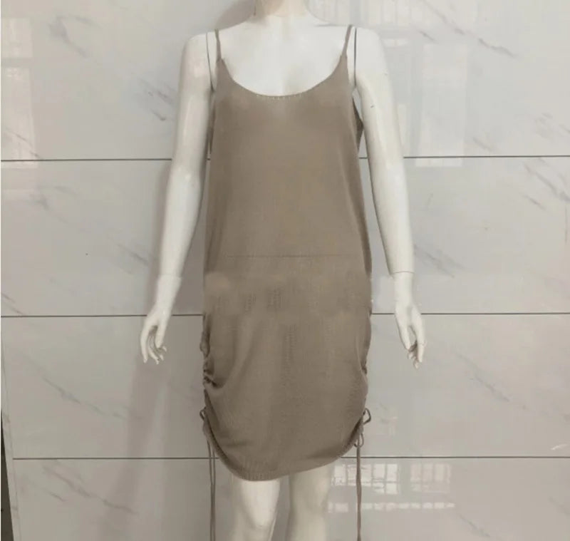 Women Spaghetti Strap Knitted Dress Fashion Solid Summer Sleeveless Sexy Mini dresses for lady Bodycon sweater mini dresses