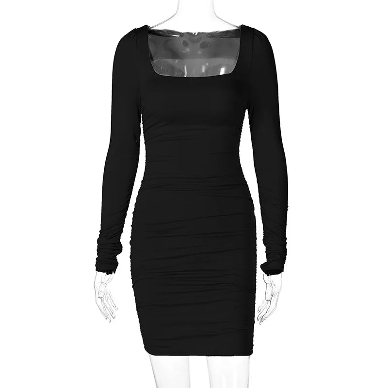 Elegant Square Collar Long Sleeves Folds Slim Bodycon Dress Women Solid Color Skinny Mini Dress Sexy Club Party Vestidos