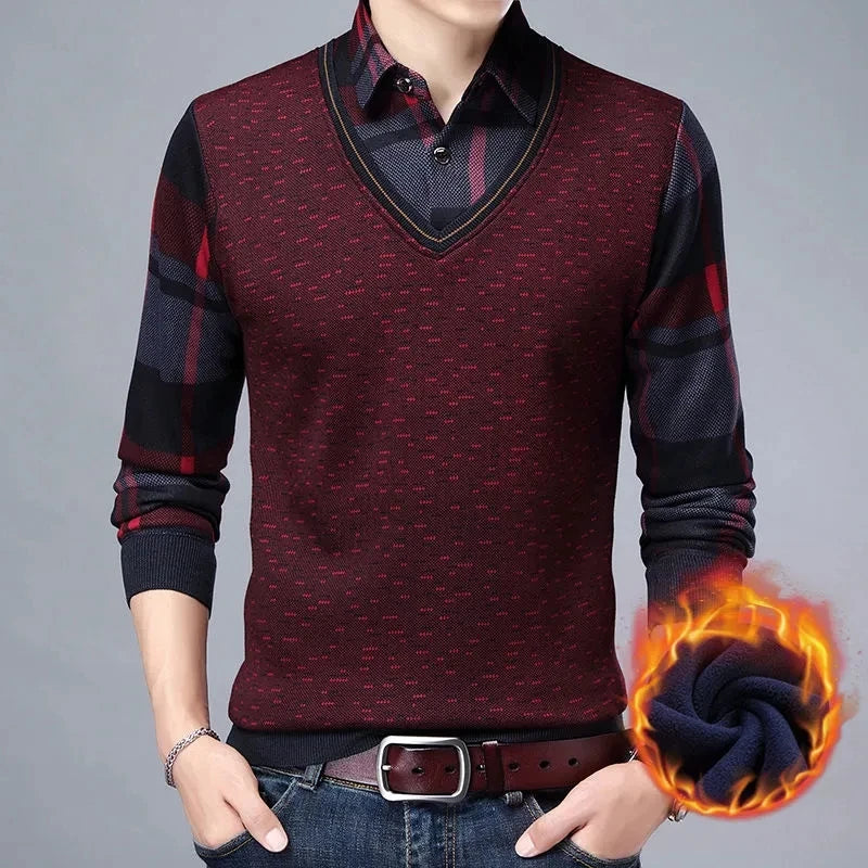 Men's Autumn Winter Sweater Pullover Polo Shirt Collar Fleece Thick Warm Top Clothes Business Casual Jumpers