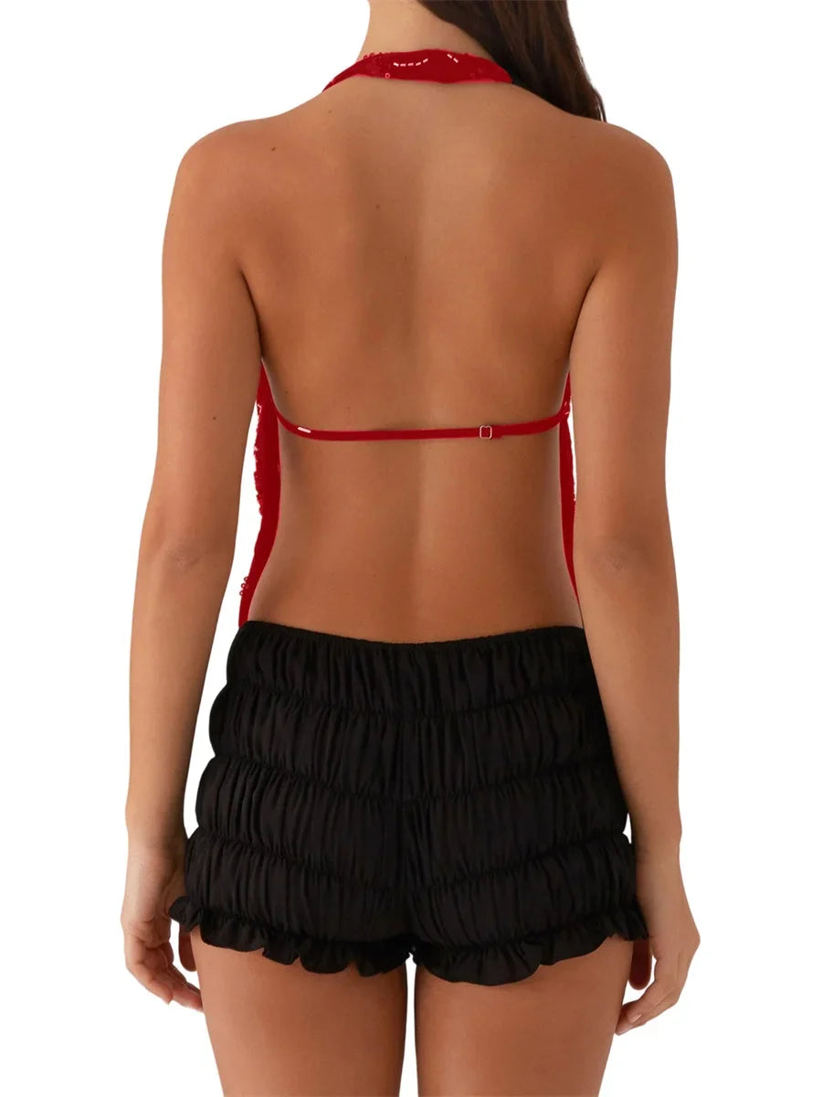 Elegant  Sequins Patchwork Women Halter Tops Summer Beaded Floral Pattern Backless Shirts Vest for Streetwear Aesthetic  Clothes