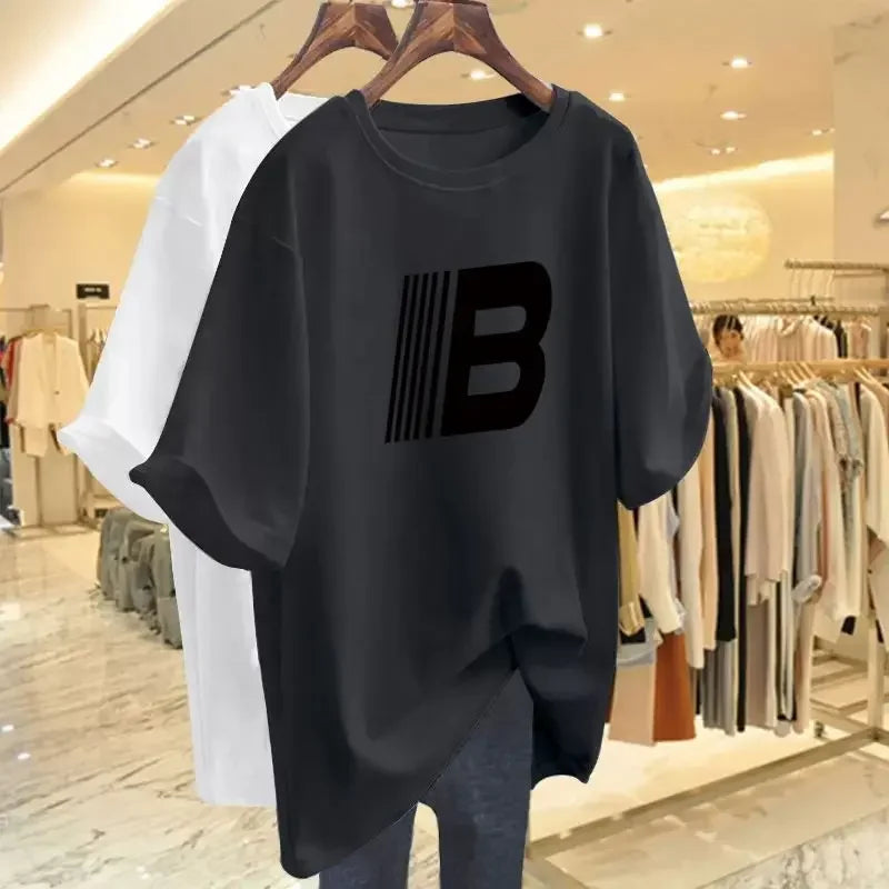 Women Pure Cotton Letter Casual Basic T-shirt Summer Fashion Short Sleeve Loose Letter Printed Pullovers