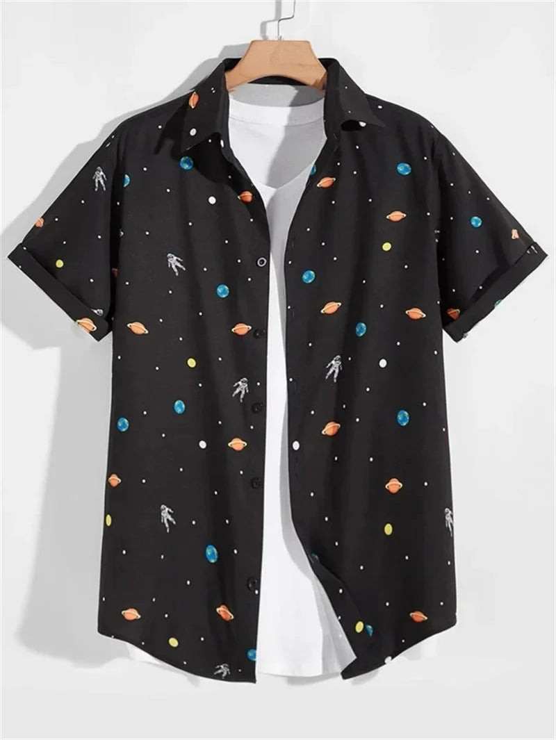Men's Astronaut Printed Shirts 2023 Summer Hawaii Short Sleeved Shirt Men's Beach Breathable Tops Outdoor Street men's Clothing