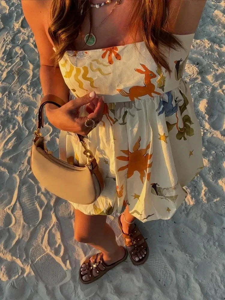 TRAF Print Slip Mini Dress Women Sleeveless Summer Dress Woman 2024 Ruched Sundress Vestidos Backless Short Dresses for Women