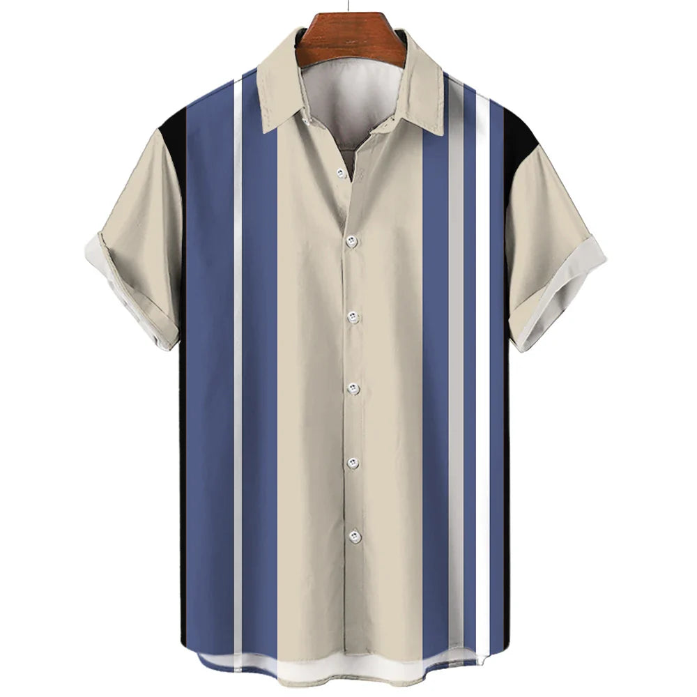 Fashion Men Striped Button Shirt Summer Oversized Short Sleeve Business Casual Streetwear Male