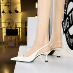 Women 6cm High Heels Retro Streetwear Catwalk Sandles Lady Daily Work Slingback Strap Elastic Mid Heels Glossy Leather Sandals