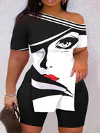 LW Plus Size Two piece set Figure Print Striped Split Pants Set One Shoulder Long Sleeve sexy women suit Streetwear Tracksuit