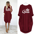 Women's spring and summer casual loose plus size QUEEN printed round neck long sleeved pocket dress streetwear