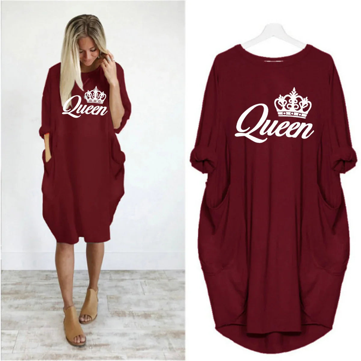 Women's spring and summer casual loose plus size QUEEN printed round neck long sleeved pocket dress streetwear