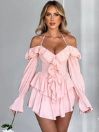 Dulzura Solid Pure Color Halter Ruffle Flare Sleeves Mini Dress 2024 Summer For Women Sexy Elegant Birthday Party Clubwear