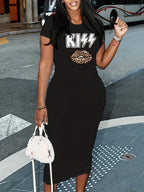 Women's Spring and Summer Fashion Casual Slimming KISS Leopard Lipprint Printed Round Neck Short Sleeve Sexy Dress