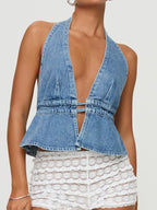 Combhasaki Women's Y2K Summer Halter Neck Crop Tops Bow Tie-up Sleeveless Deep V-Neck Backless Solid Color Denim Flare Vest