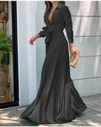 Autumn Winter Fashion V-neck Long Sleeve Elegant Blouse Print Lapel Top Women Solid Color Loose Casual Wide Leg Jumpsuit