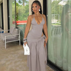 Women Sexy Cut Out Dress Sets Halter Deep V Neck Bodysuit and Tie Maxi Long Skirt Set 2025 Summer Two 2 Piece Vacation Outfits