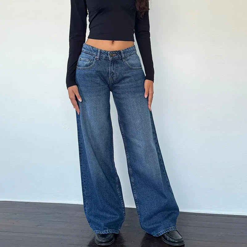 Maemukilabe Women Y2K Low Rise Baggy Jeans Retro Aesthetic Loose Fit Boyfriend Straight Wide Leg Jeans Trendy Stretch Denim Pant