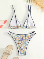 Trend Print Bikini Bordered Straps Swimsuit Thong Push Up Y2K Boho Swimwear Kawaii Women Two Piece Brazil BeachWear Bathing Suit