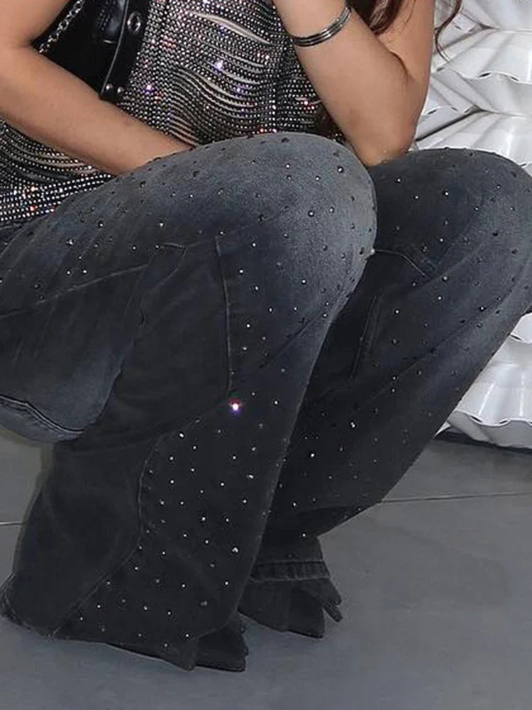 Cuteandpsycho Vintage Rhinestone Loose Jeans Fashion Low Waisted Pockets Zipper Pants Harajuku Chic Streetwear Bottoms for Women