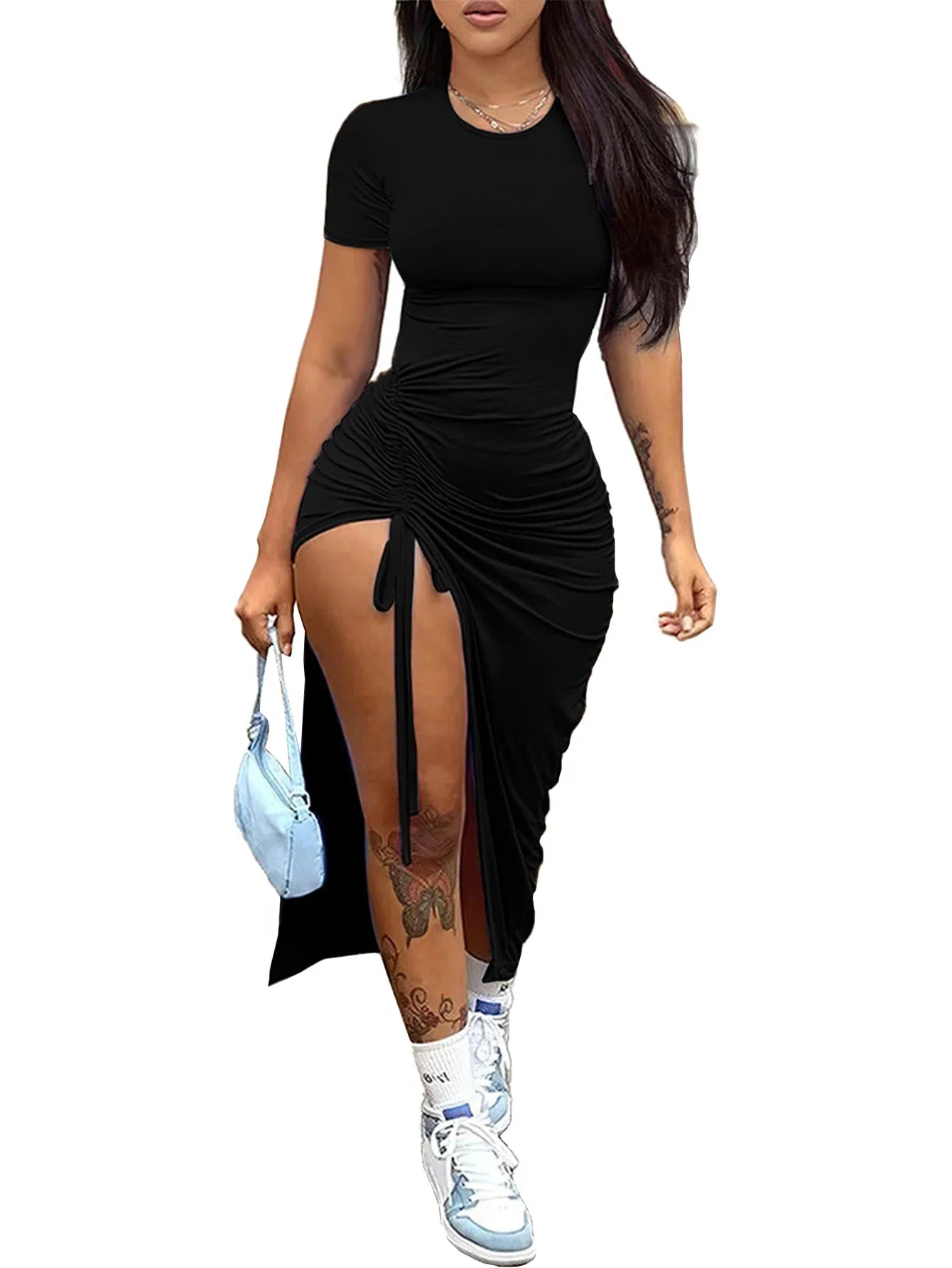 Women's fashion, sexy, slim fit, solid color pleated, split drawstring dress