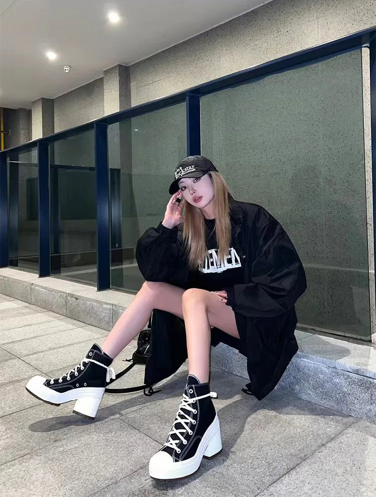 Women Platform Sneakers Canvas Shoes Personalized Luxry Heels Skateboard Lace Up Casual Fashion Outdoor Sneakers Plus Size 36-42