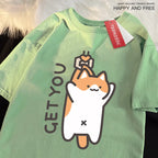 Catching Baby Fun Cat Print Japanese Style Clothes Men Fashion Oversize T-Shirt Casual O-neck Tops Summer Cotton Loose T Shirt