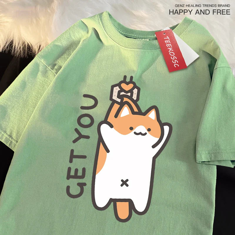 Catching Baby Fun Cat Print Japanese Style Clothes Men Fashion Oversize T-Shirt Casual O-neck Tops Summer Cotton Loose T Shirt