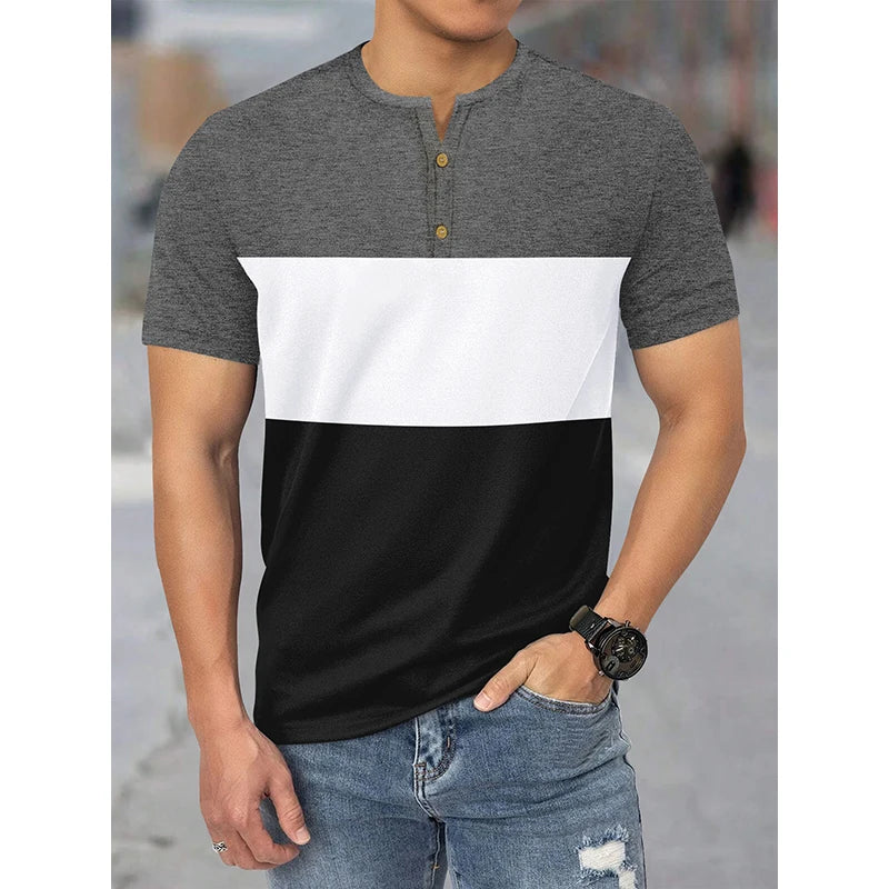 Henry Collar T-Shirt Men Summer Casual Short Sleeve Tops 3-color Patchwork Tees Sweatshirt Comfortable Breathable Men's Clothing