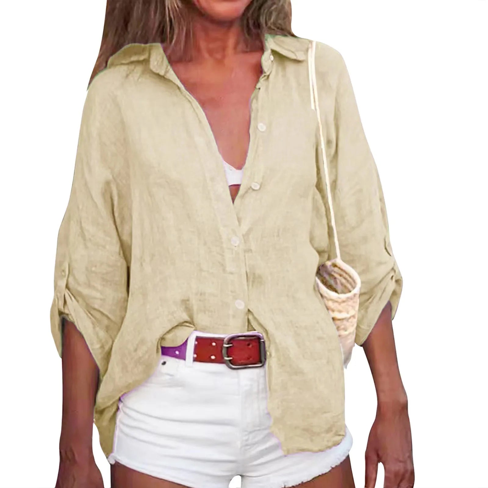 Summer Plus Size Cotton Linen Solid Color Seven-Point Sleeve Shirt V-Neck For Ladies Loose Casual Lightweight Camisas De Mujer