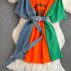 XFPV 2025 Summer Fashion Short Sleeve Round Neck High Waistband Slim A-line Denim Printed Patchwork Dress For Women SM11498