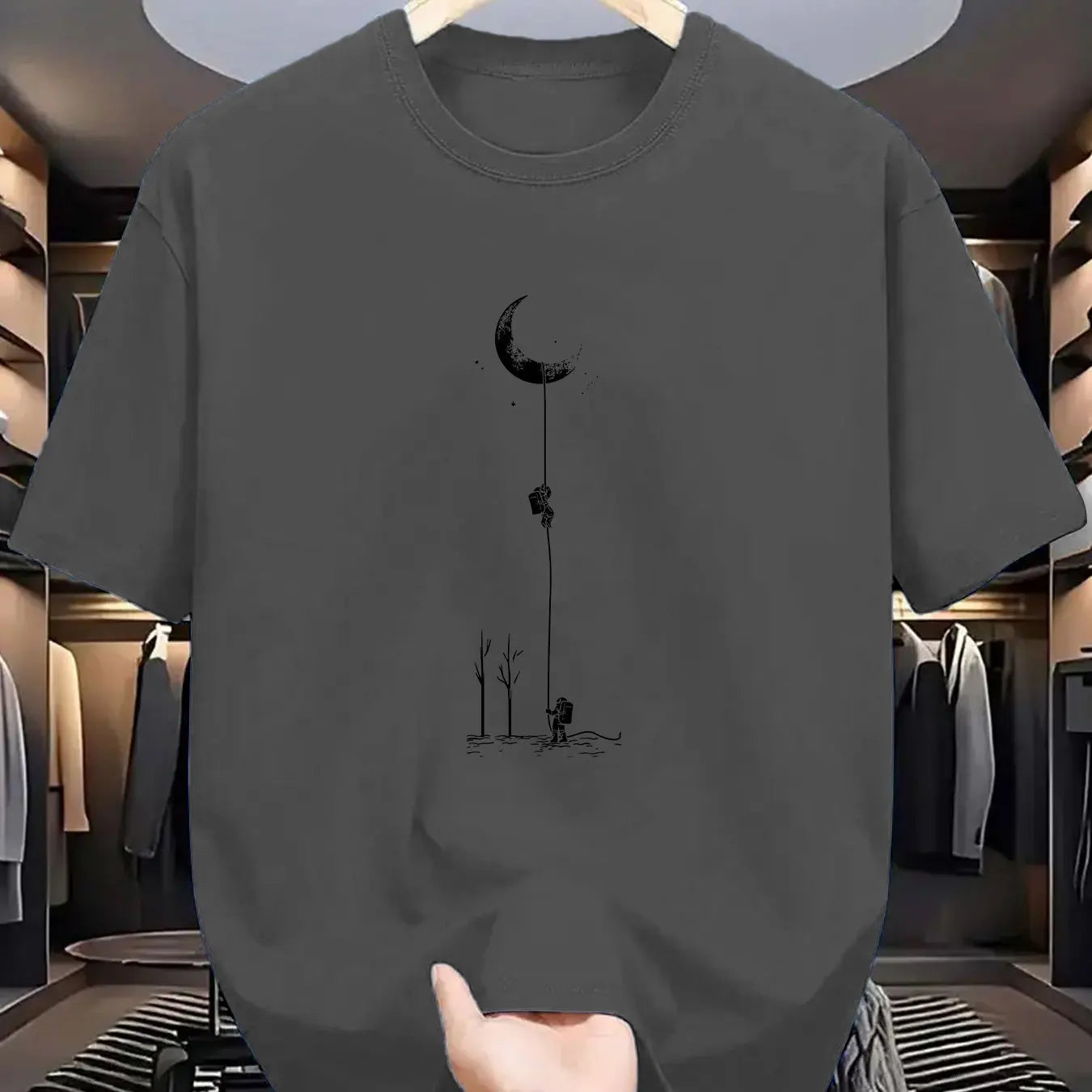 Summer men's 100% pure cotton casual loose fit plus size moon landing pattern printed round neck short sleeved T-shirt top