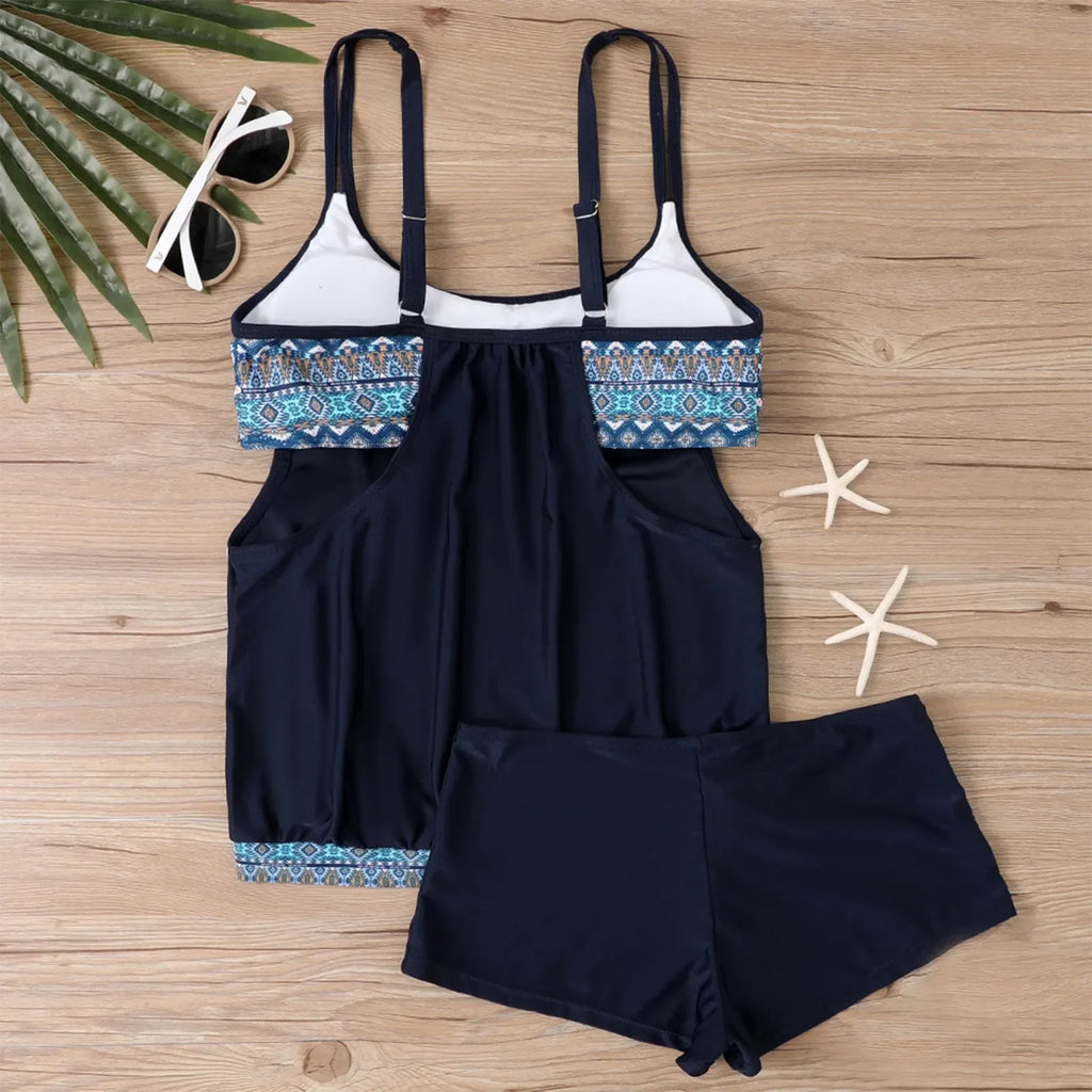 Women's Sexy Slim fit printed suspenders slit boxer shorts bikini plus size swimsuit two piece comfortable pretty swimwear swims