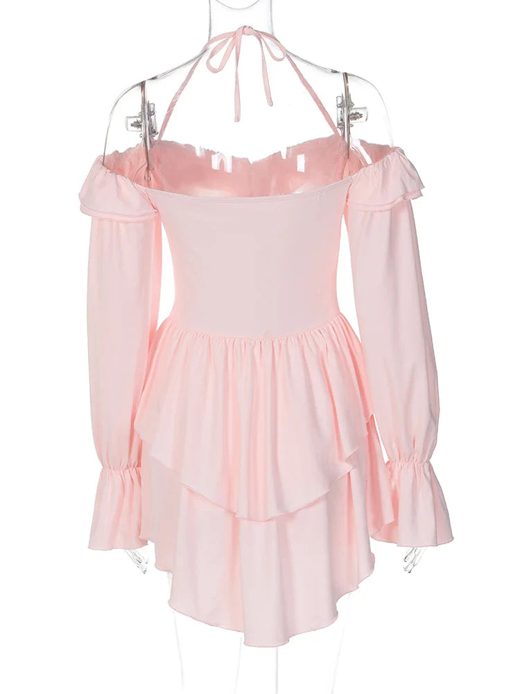 Dulzura Solid Pure Color Halter Ruffle Flare Sleeves Mini Dress 2024 Summer For Women Sexy Elegant Birthday Party Clubwear