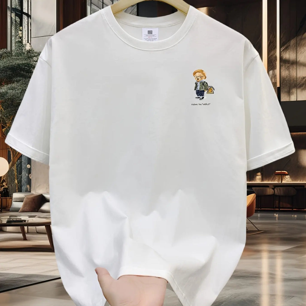 Men's 100% pure cotton summer loose size cartoon pattern printed casual and comfortable round neck short sleeved T-shirt top