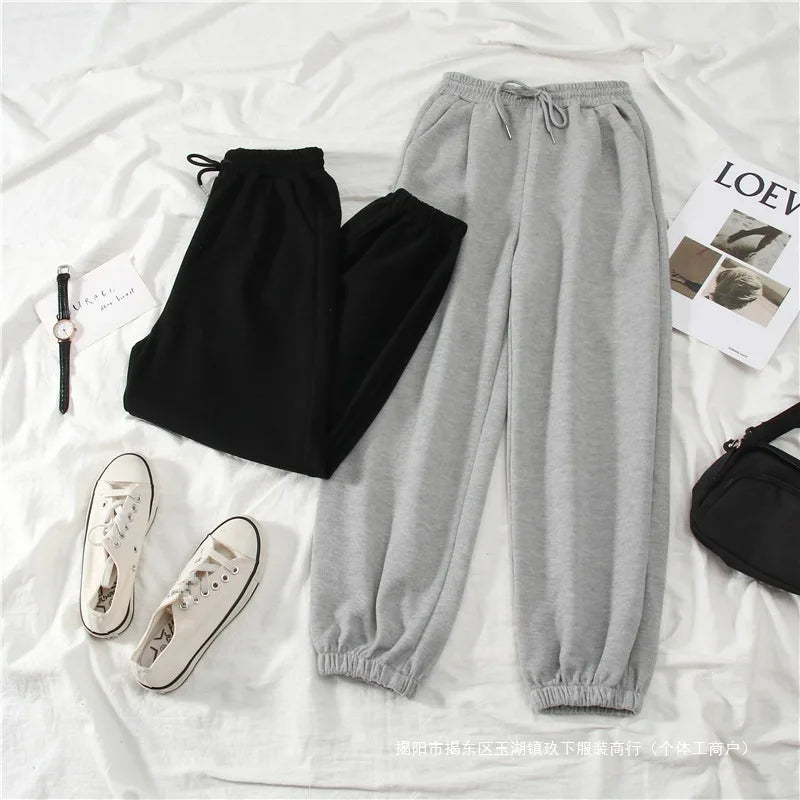 Women's Autumn Winter Casual Sports Loose Slimming Versatile Fleece-lined Outerwear Straight-leg Cuffed Pants Carrot Sweatpants