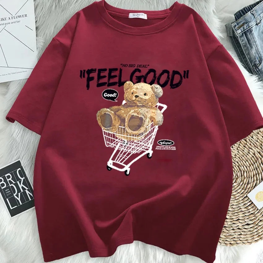 Cartoon Bear Short Sleeve T-shirt Women Loose Top Fashion Korean Style Tee