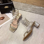 Xibeilove 2024 Summer Luxury Women Sandals Crystal Square Head Gold Rhinestone Snake Pattern High Heels Wedding Party Shoes