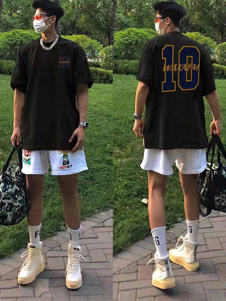 Large Cotton Men's Creative Digital 10 Printed Short Sleeved T-shirt for Men Explosive Street Loose Half Sleeved Hip-hop Top