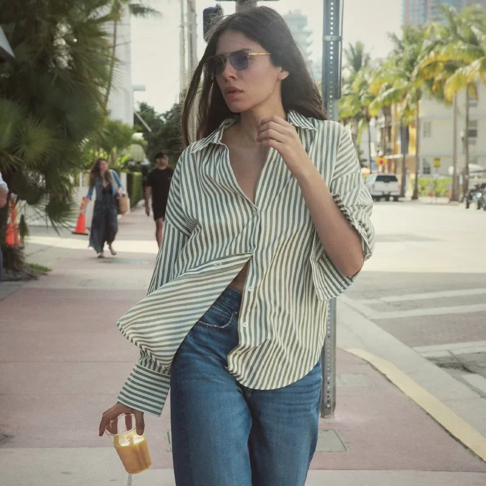 UNIZERA Women's Basic Striped Shirt with Collar Pocket Buckle Decoration Spring/Summer New Women's Shirt Top