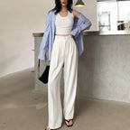 Summer Women's Draped Suit Pants Korean Style High-Waisted Button Casual Pants 2025 New Black White Baggy Office Lady Trousers