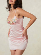 Women's Summer Bodycon Mini Dress Sleeveless Spaghetti Strap Floral Embroidery Night Out Dress Party Clubwear