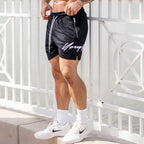 Woven Sports Quick Drying Black Shorts Men's Fitness Tide Brand Bodybuilding Slim Zipper Pocket Running Hip-hop Training Pants