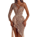 Women'S Fashion Sexy Gold Sprinkled One Shoulder Banquet Diamond Inlay Hip Wrap Evening Dress Ropa De Mujer Vestidos Para Mujer