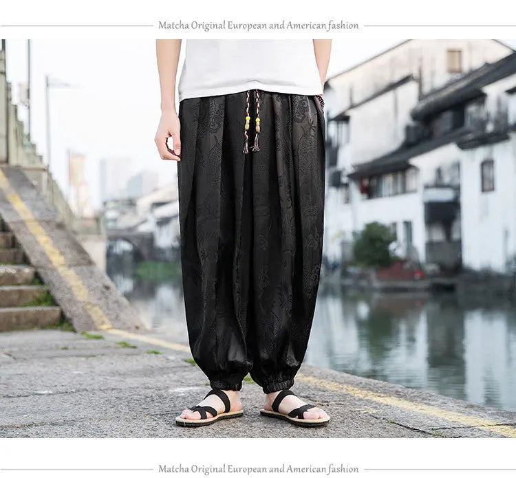 FGKKS 2023 Outdoor Brand Pants For Men Lce Silk Dragon Dark Flower Loose Bloomers High Quality Wide Leg Casual Trousers Male