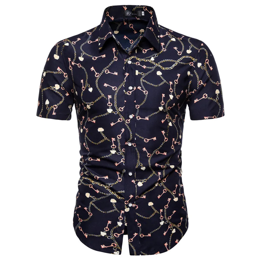 Summer New Men's Short Sleeved Shirt Thin Collar Hawaiian Style Floral Shirt Vacation Series Men's Shirt