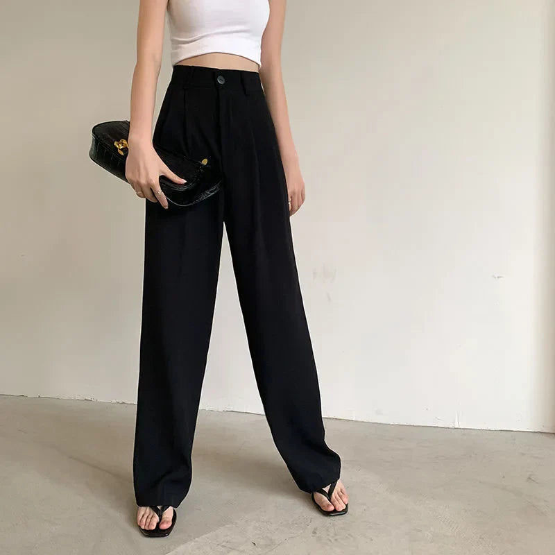 Summer Women's Draped Suit Pants Korean Style High-Waisted Button Casual Pants 2025 New Black White Baggy Office Lady Trousers